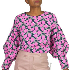Sang Fruit Floral Print Blouse Pink Cotton Poplin Statement Balloon Sleeve Small